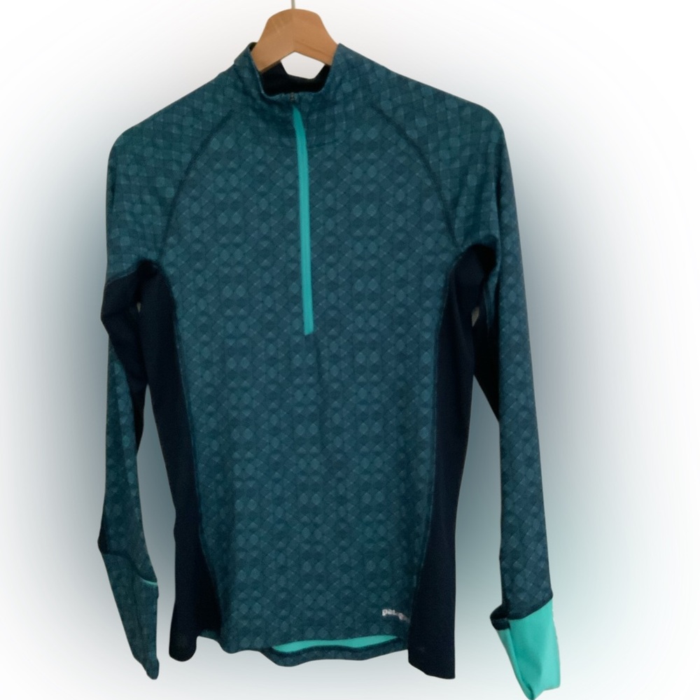 Patagonia All Weather Zip Neck Shirt Small Thumbholes Teal Print Long Sleeve